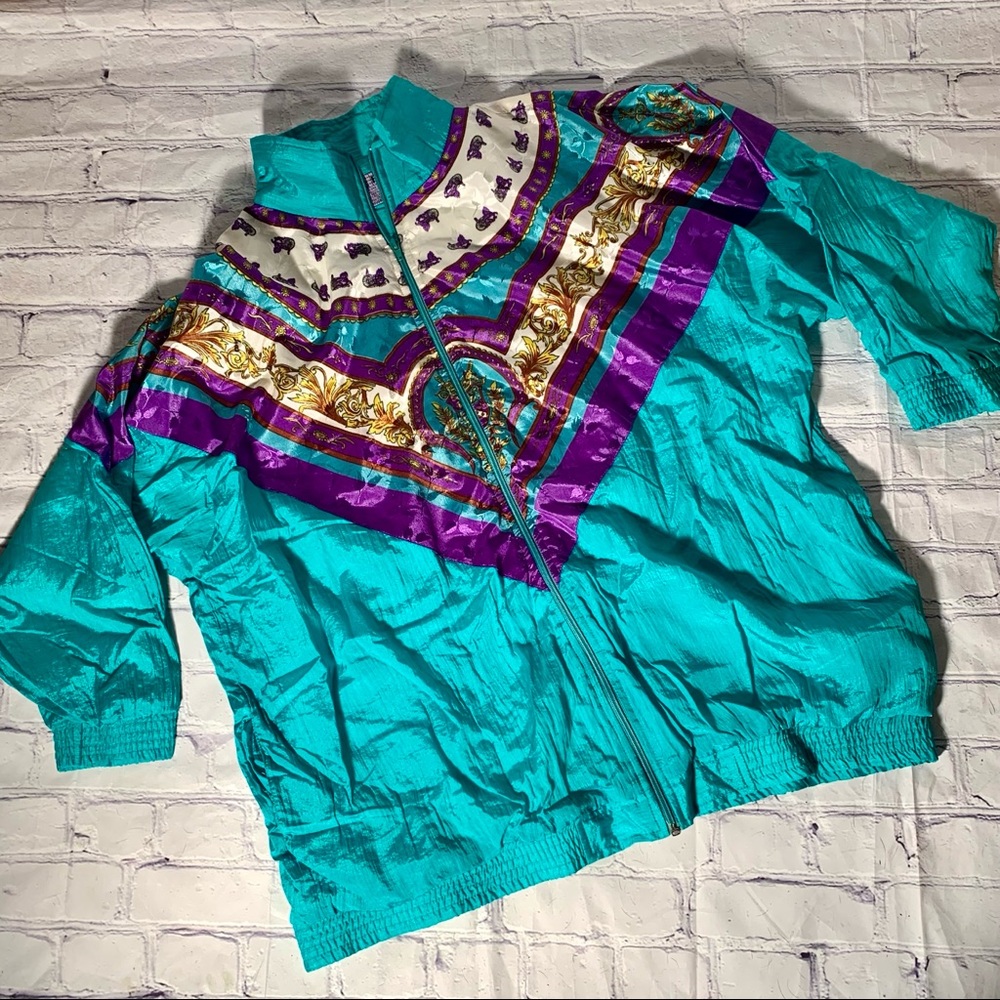 Vintage 1990's Horse Floral Teal Gold Windbreaker XL
